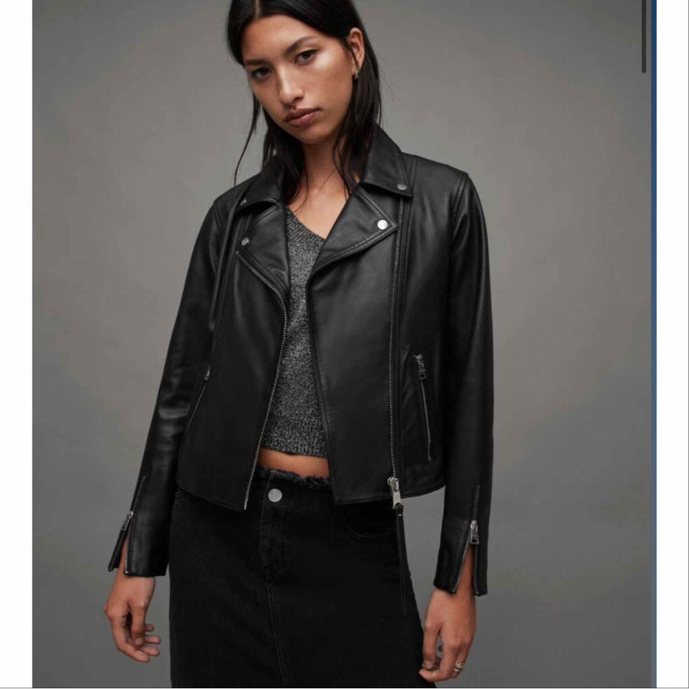 NWT Allsaints Neve Shrunken Slim Fit Leather Biker Jacket Size 6 - Picture 1 of 5